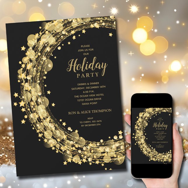 Gold Star Wreath on Black Christmas Holiday Invitation (Gold star wreath on black holiday Christmas invitations, PRINTED and/or INSTANT DOWNLOAD)