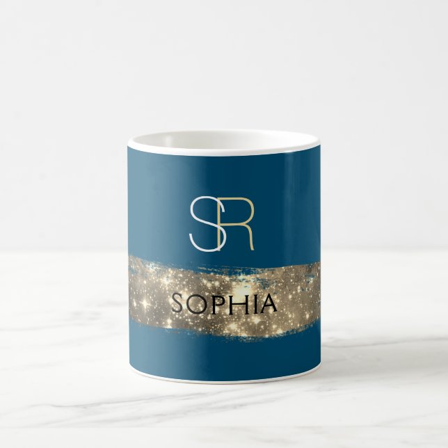 Gold Stardust Brush Stroke, Monogram/Name, Blue Coffee Mug (Center)