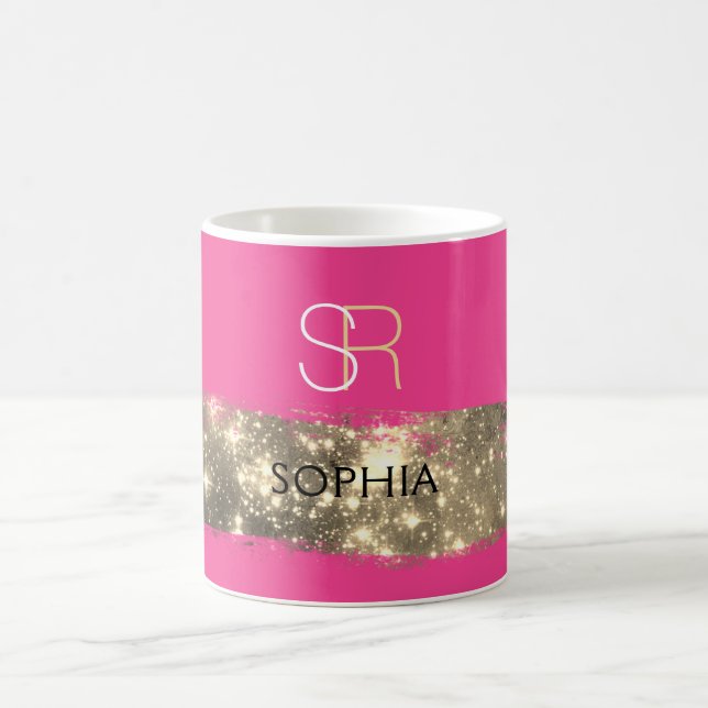 Gold Stardust Brush Stroke Monogram/Name Deep Pink Coffee Mug (Center)