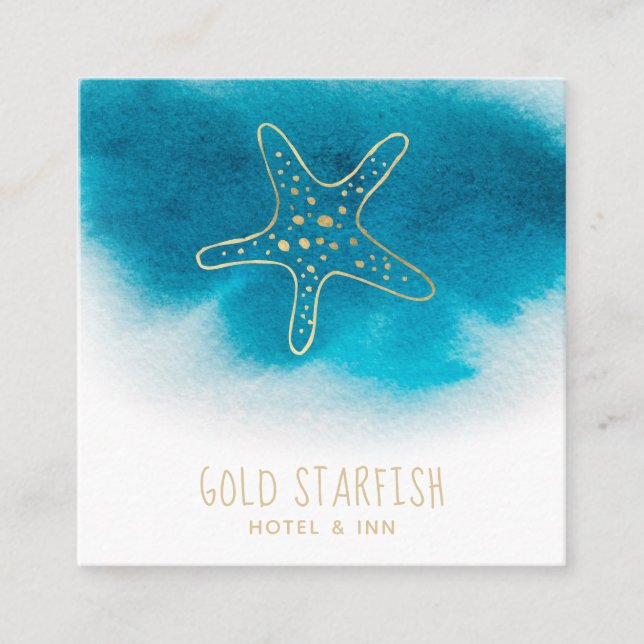 *~* Gold STARFISH Beach Ocean Sea White Teal Blue Square Business Card (Front)