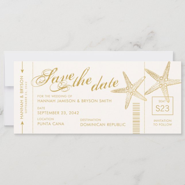 Gold Starfish Boarding Pass Aeroplane Ticket Save The Date (Front)