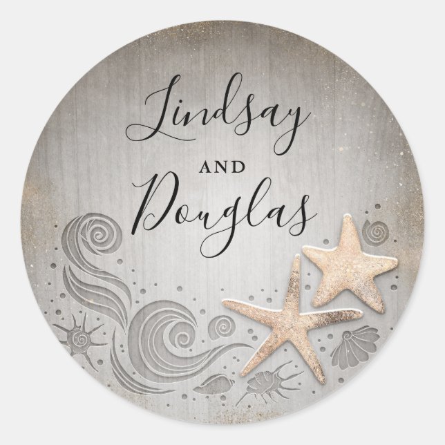 Gold Starfish Nautical Beach Wedding Classic Round Sticker (Front)