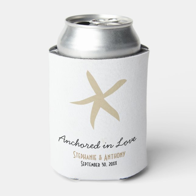 Gold Starfish Nautical Beach Wedding Love Can Cooler (Can Front)