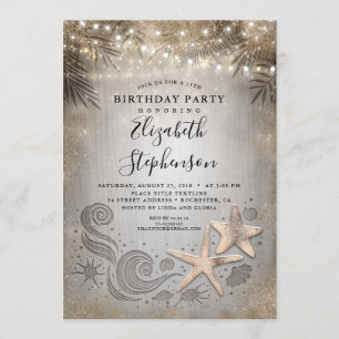 Gold Starfish Tropical Beach Lights Birthday Invitation
