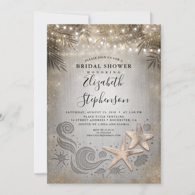 Gold Starfish Tropical Beach Lights Bridal Shower Invitation (Front)