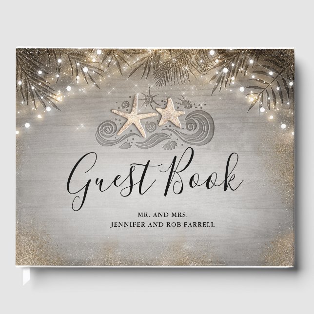 Gold Starfish Tropical Beach Wedding Guest Book (Front)