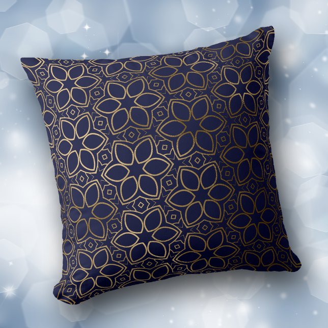 Gold Starflower Pattern on Blue Throw Pillow (Creator Uploaded)