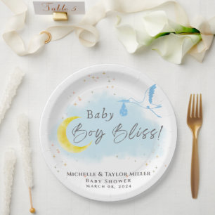 Gold Starlit Baby Boy Bliss Stork Special Delivery Paper Plate