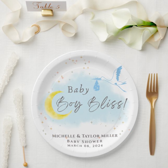 Gold Starlit Baby Boy Bliss Stork Special Delivery Paper Plate (Wedding)