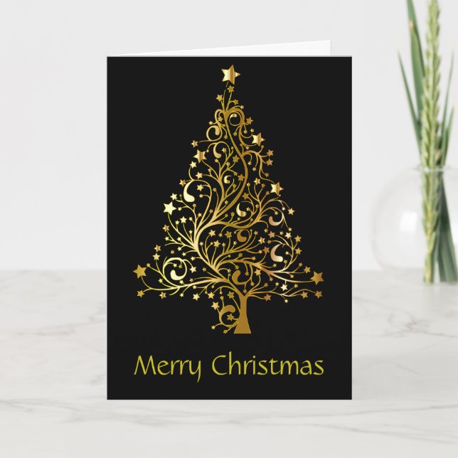 Gold, Starry, Christmas Tree. Card (Front)