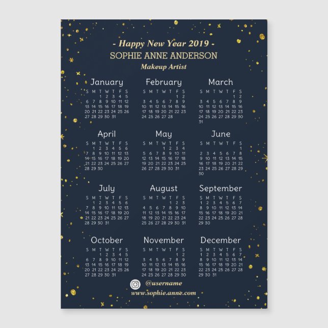 Gold Starry Night Navy Makeup Artist Mini Calendar (Front)