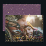 Gold stars 1 photo purple Christmas modern Holiday Card<br><div class="desc">Gold star Season's greetings Christmas 1 photo holiday card. With a script text and gold effect design,  purple back ground color can be change to suit your style.</div>
