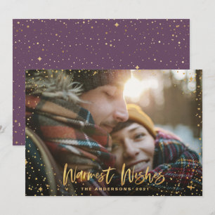 Gold stars 1 photo purple Christmas modern Holiday Card