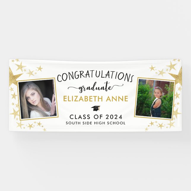 Gold Stars 2 Photos Congratulations Graduate Banner (Horizontal)