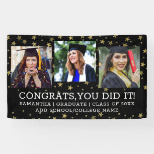 Gold Stars 3 Photo Collage Congrats Graduate Black Banner