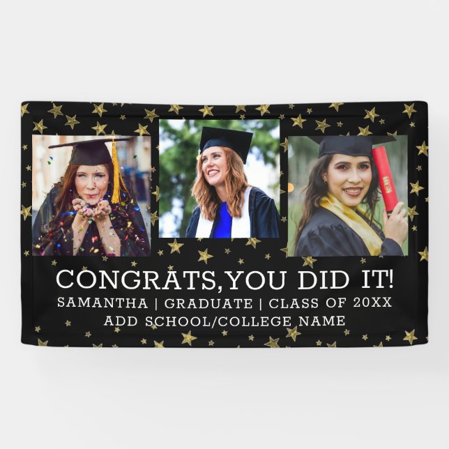 Gold Stars 3 Photo Collage Congrats Graduate Black Banner (Horizontal)