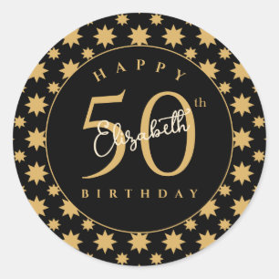 Gold Stars 50th Birthday Custom Name  Classic Round Sticker