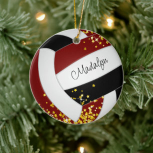gold stars accent cute maroon black volleyball ceramic tree decoration