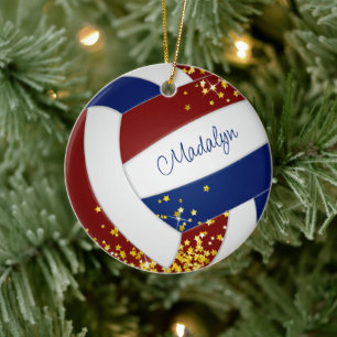 gold stars accent girls maroon blue volleyball ceramic tree decoration