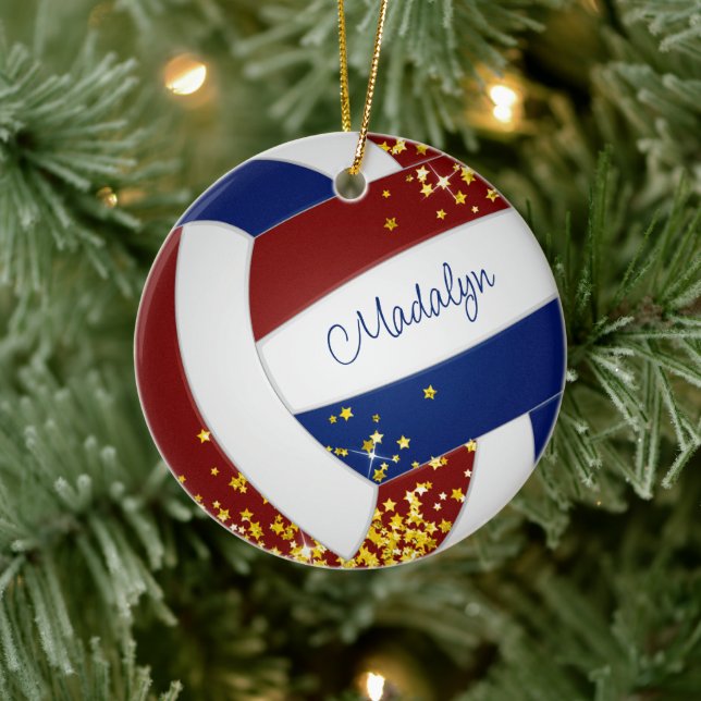 gold stars accent girls maroon blue volleyball ceramic tree decoration (Tree)