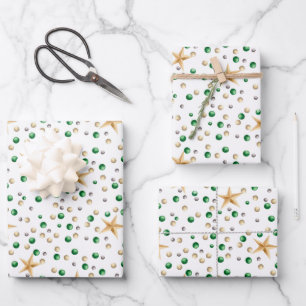Gold Stars and Gold and Green Balls Christmas Wrapping Paper Sheet