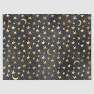 Gold Stars and Moons on Black Decoupage Tissue Paper