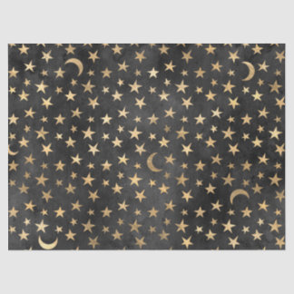 Gold Stars and Moons on Black Decoupage Tissue Paper