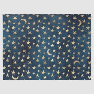 Gold Stars and Moons on Blue Decoupage Tissue Paper