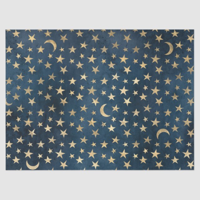 Gold Stars and Moons on Blue Decoupage Tissue Paper (Front)