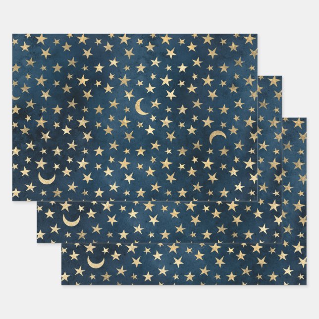 Gold Stars and Moons on Blue Wrapping Paper Sheet (Set)