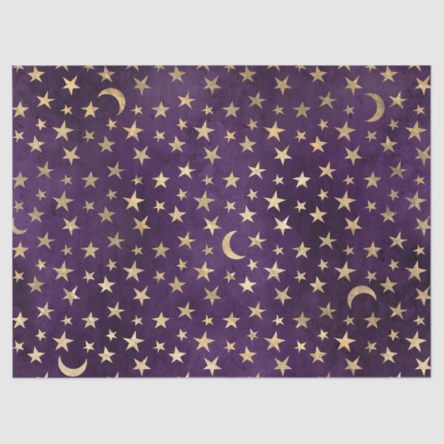 Gold Stars and Moons on Purple Decoupage Tissue Paper (Front)