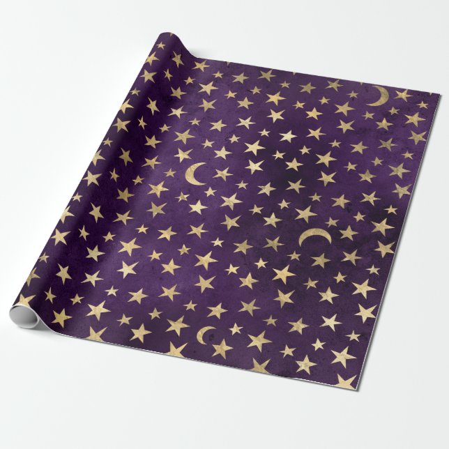 Gold Stars and Moons on Purple Wrapping Paper (Unrolled)