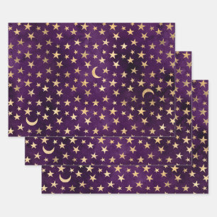 Gold Stars and Moons on Purple Wrapping Paper Sheet
