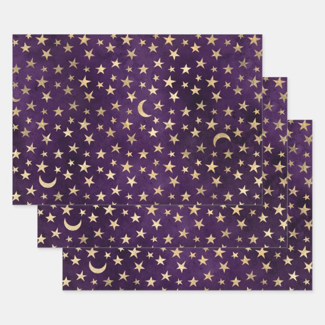 Gold Stars and Moons on Purple Wrapping Paper Sheet (Set)