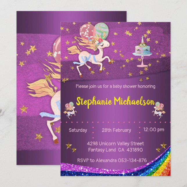 Gold Stars and Purple Unicorn Baby Shower Invitation (Front/Back)