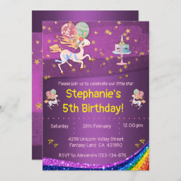 Gold Stars and Purple Unicorn Birthday Invitation