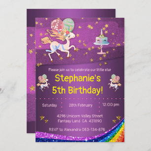 Gold Stars and Purple Unicorn Birthday Invitation