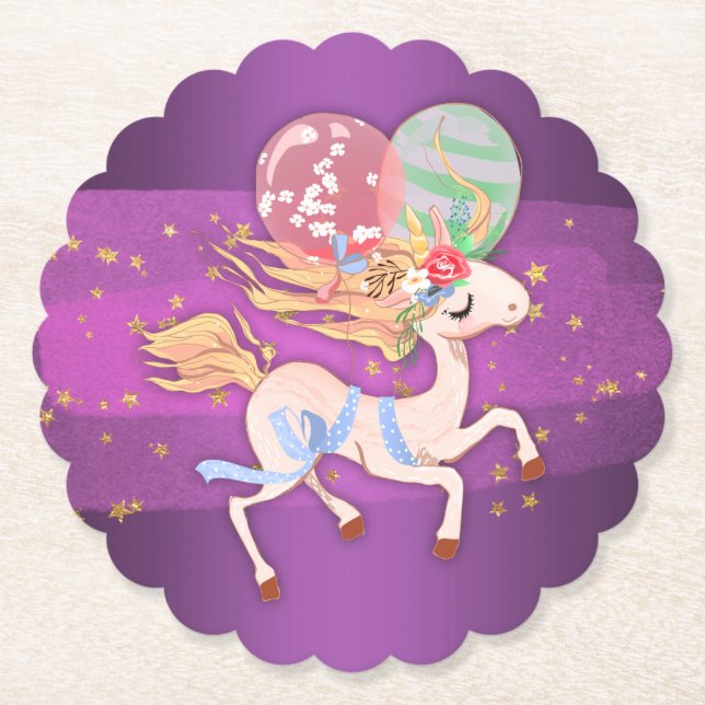 Gold Stars and Purple Unicorn Paper Coaster (Front)