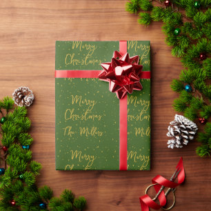 Gold Stars and Sparkles Green Merry Christmas Wrapping Paper