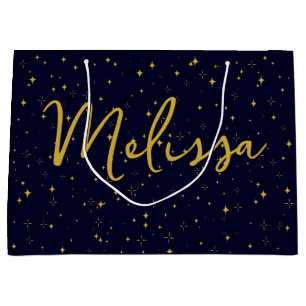 Gold Stars and Sparkles   Personalised Dark Blue Large Gift Bag