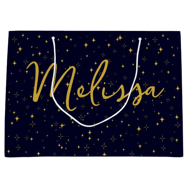 Gold Stars and Sparkles | Personalised Dark Blue Large Gift Bag (Front)