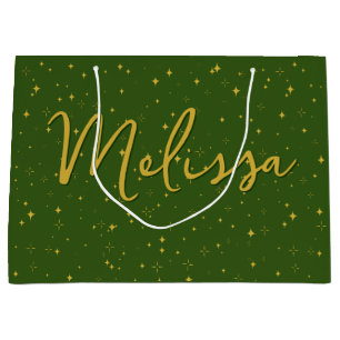 Gold Stars and Sparkles Personalised Green Large Gift Bag