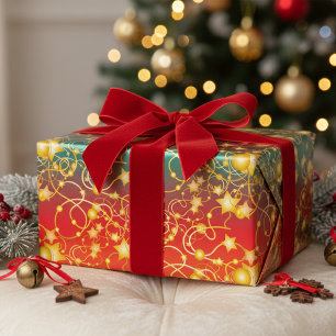 Gold Stars and Strings on Red/Orange/Green Ombre Wrapping Paper Sheet