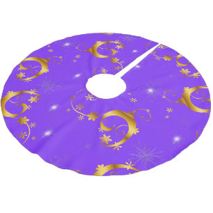Gold Stars and Swirls Purple Christmas Brushed Polyester Tree Skirt