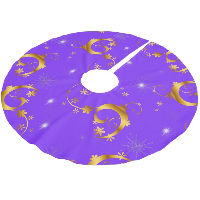 Gold Stars and Swirls Purple Christmas Brushed Polyester Tree Skirt (Angled)