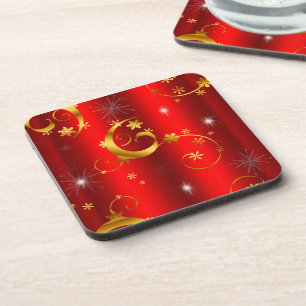 Gold Stars and Swirls Red Christmas Coaster