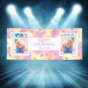 Gold Stars Any Age Girl Photo Colourful Birthday Banner