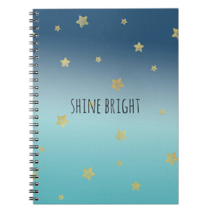 Gold Stars Aqua Blue Ombre personalised quote Notebook