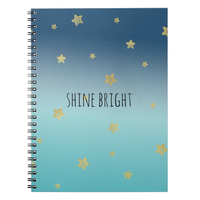 Gold Stars Aqua Blue Ombre personalised quote Notebook (Front)