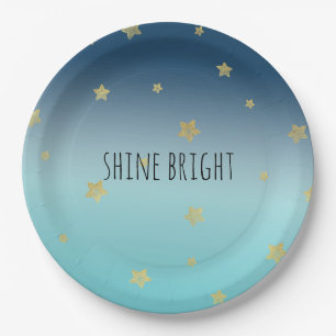 Gold Stars Aqua Blue Ombre personalised quote Paper Plate